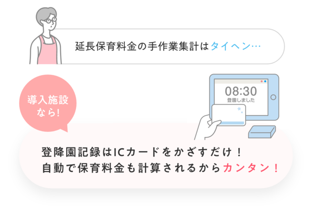 児童の登降園記録管理や、延長保育料金の計算もラクラクできる！